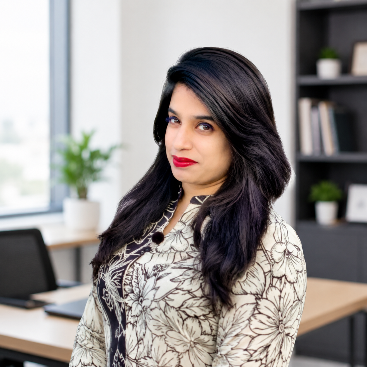 Female English teacher with long dark hair in floral top, posing in modern office – OA Level Professionals