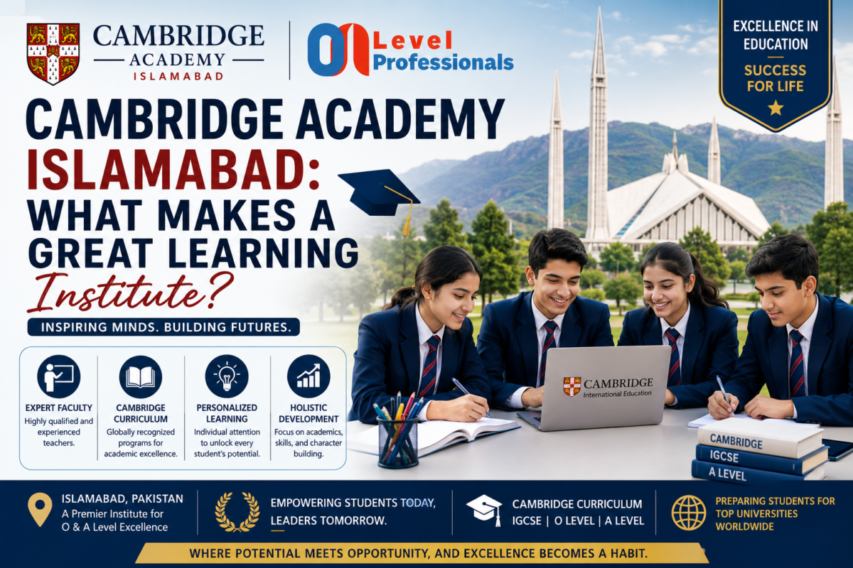 Cambridge Academy Islamabad students learning with O Level Professionals logo and Cambridge curriculum