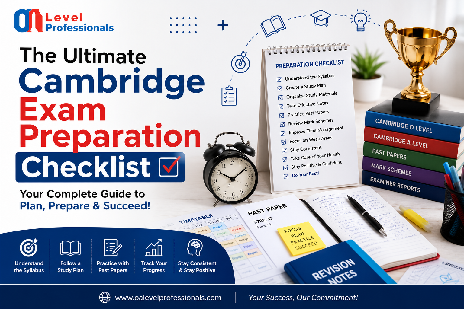 Cambridge Exam Preparation Checklist featuring study planner, revision notes, past papers, timetable, alarm clock, trophy, and O Level Professionals branding for O Level and A Level students.