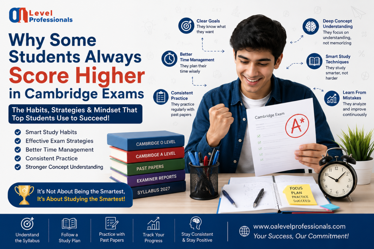 A successful Cambridge O Level and A Level student holding an A+ exam paper with study books, planner, clock, and exam preparation tips promoting the Cambridge Exam Guide by O Level Professionals.