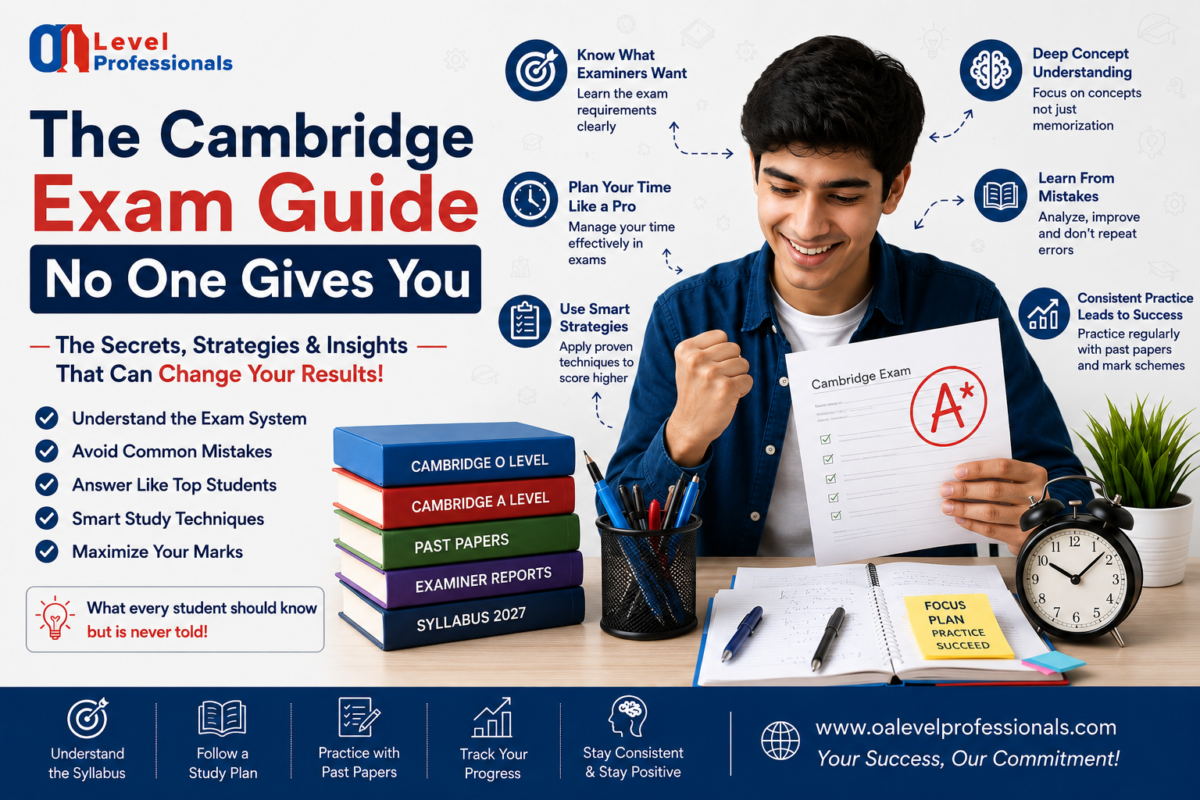 A successful Cambridge O Level and A Level student holding an A+ exam paper with study books, planner, clock, and exam preparation tips promoting the Cambridge Exam Guide by O Level Professionals.